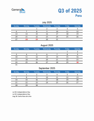 Peru Quarter 3 2025 calendar template