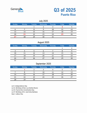 Puerto Rico Quarter 3  2025 calendar template