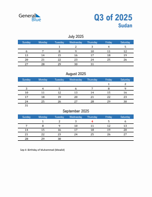 Sudan Quarter 3  2025 calendar template