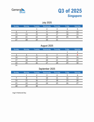 Singapore Quarter 3  2025 calendar template