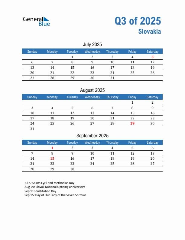 Slovakia Q3 2025 Quarterly Calendar with Sunday Start