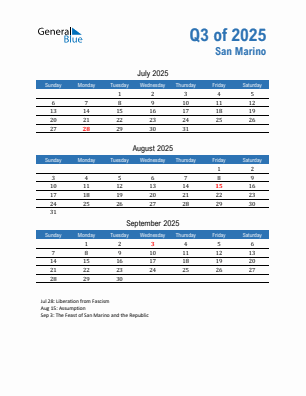 San Marino Quarter 3 2025 calendar template