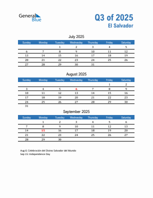 El Salvador Quarter 3 2025 calendar template