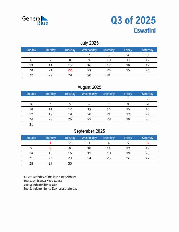 Eswatini Q3 2025 Quarterly Calendar with Sunday Start