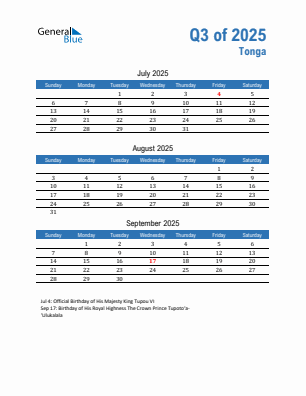 Tonga Quarter 3  2025 calendar template