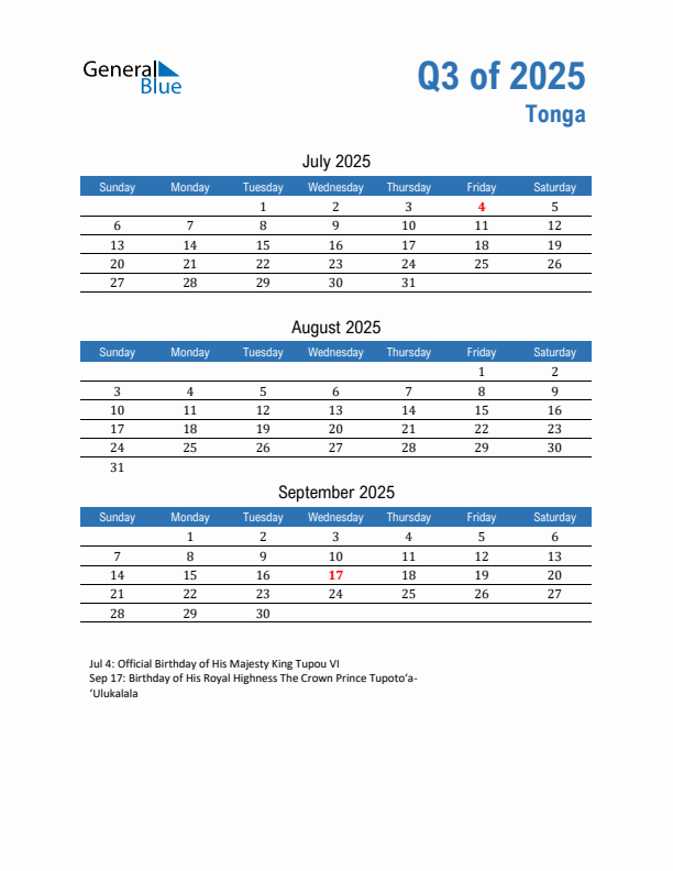 Tonga Q3 2025 Quarterly Calendar with Sunday Start