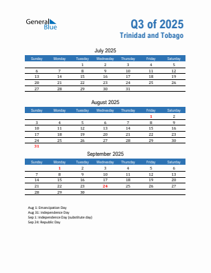 Trinidad and Tobago Quarter 3  2025 calendar template