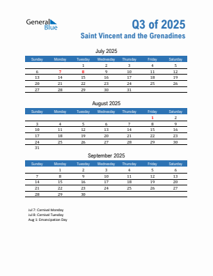 Saint Vincent and the Grenadines Quarter 3  2025 calendar template