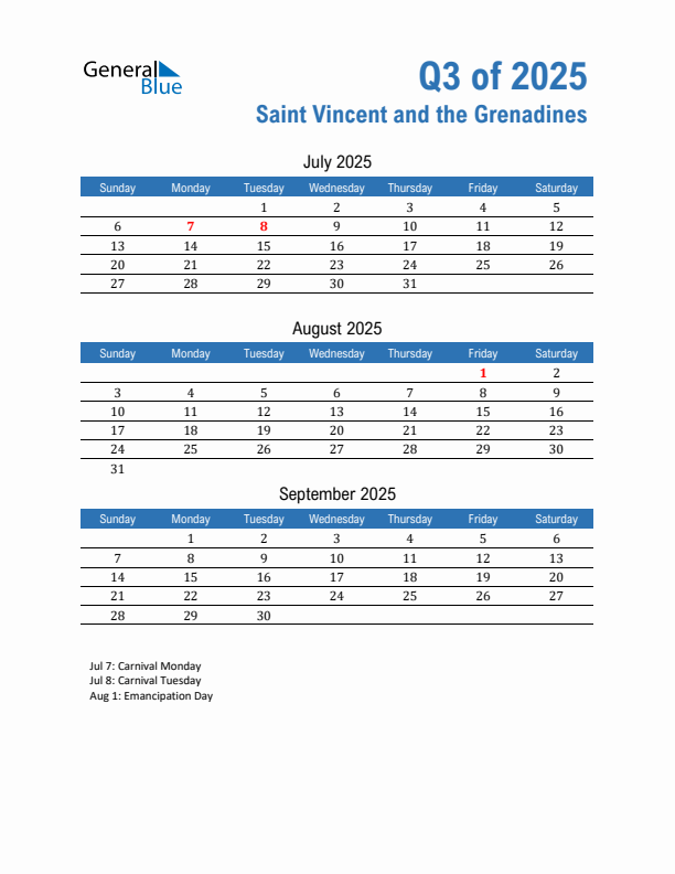 Saint Vincent and the Grenadines Q3 2025 Quarterly Calendar with Sunday Start