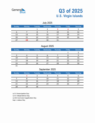 U.S. Virgin Islands Quarter 3  2025 calendar template