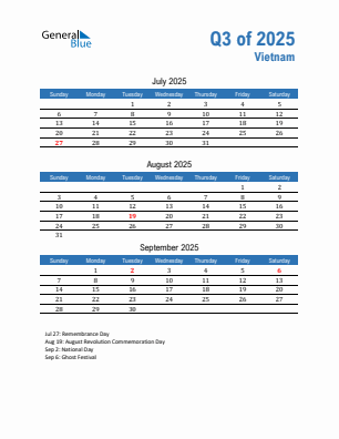 Vietnam Quarter 3  2025 calendar template