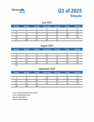 Vanuatu Quarter 3  2025 calendar template