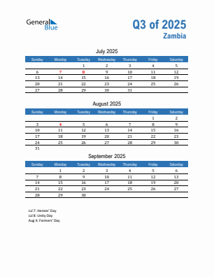 Zambia Quarter 3 2025 calendar template