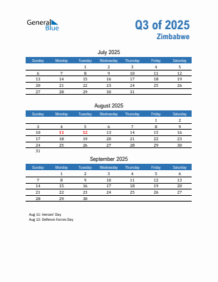 Zimbabwe Quarter 3  2025 calendar template