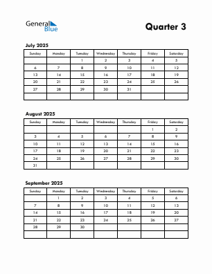 Quarter 3  2025 calendar template
