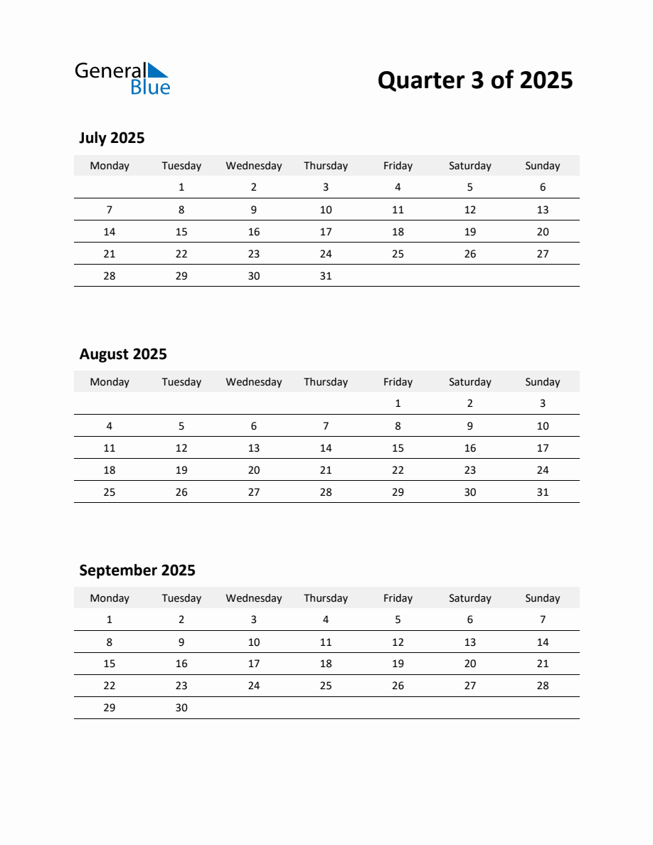 2025 Q3 Three-Month Calendar (July, August, and September)