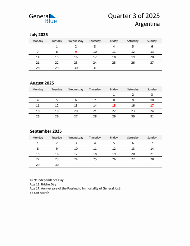 2025 Q3 Three-Month Calendar for Argentina
