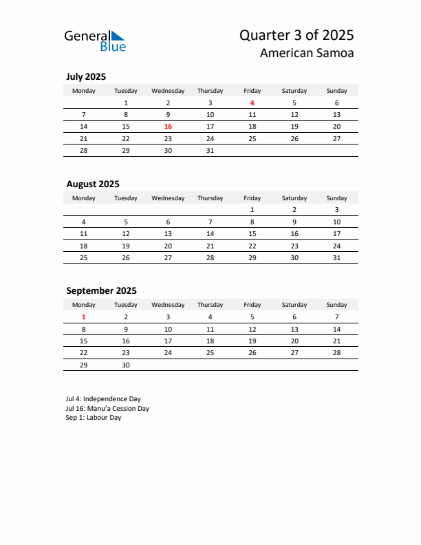 2025 Q3 Three-Month Calendar for American Samoa
