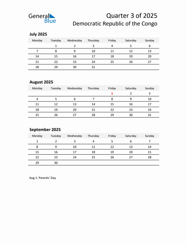 2025 Q3 Three-Month Calendar for Democratic Republic of the Congo