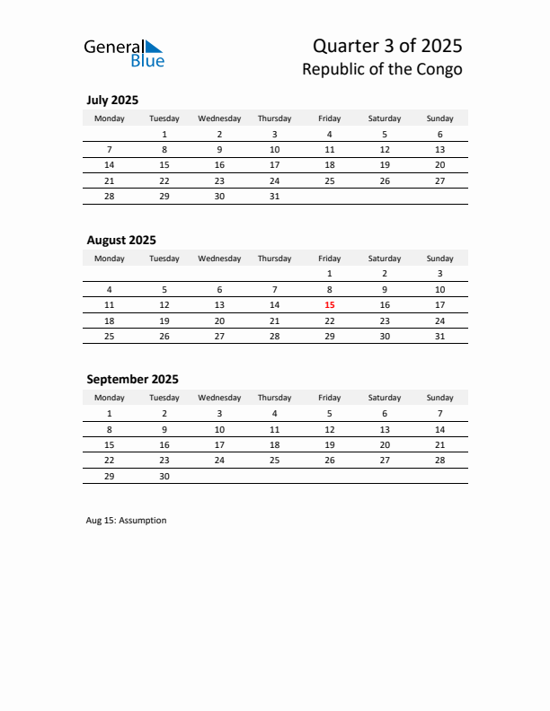 2025 Q3 Three-Month Calendar for Republic of the Congo