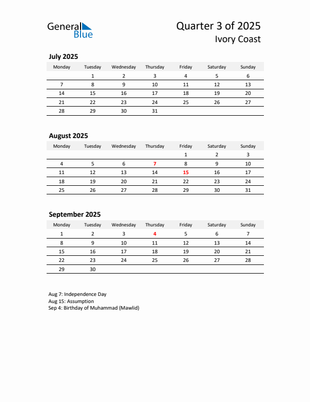 2025 Q3 Three-Month Calendar for Ivory Coast