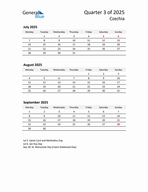 2025 Q3 Three-Month Calendar for Czechia
