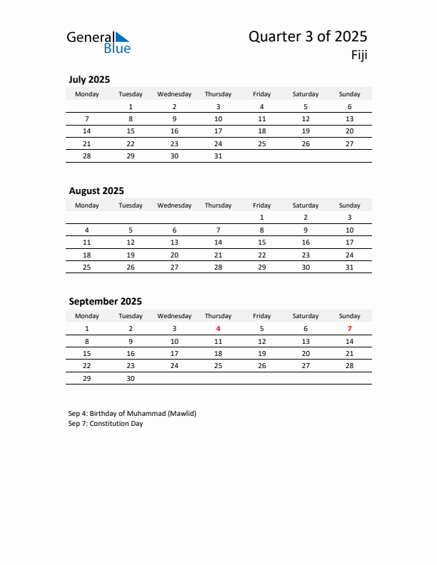 2025 Q3 Three-Month Calendar for Fiji