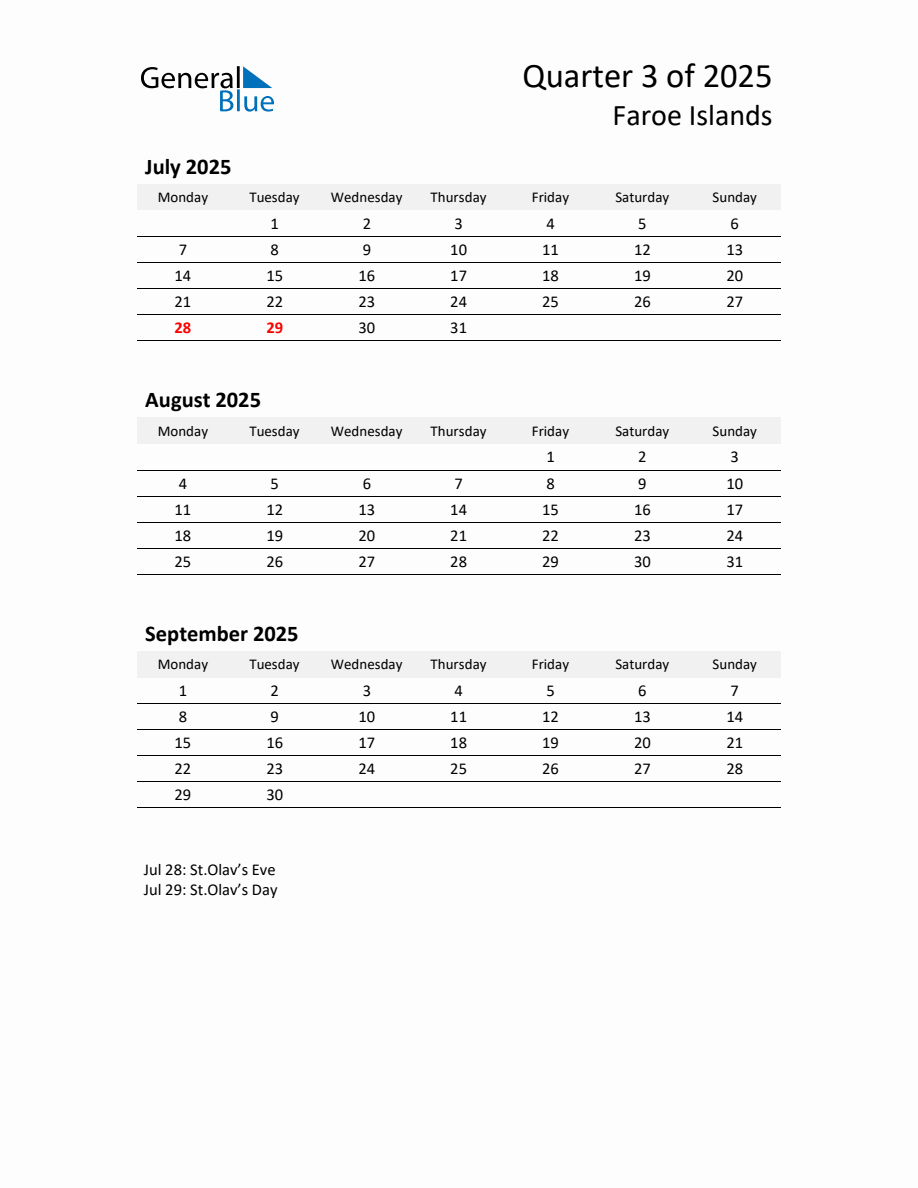 Three-Month Calendar for Faroe Islands (Q3 of 2025) - Monday Start