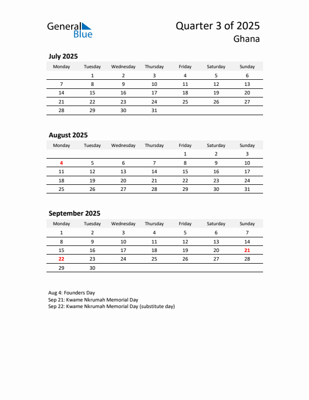 2025 Q3 Three-Month Calendar for Ghana