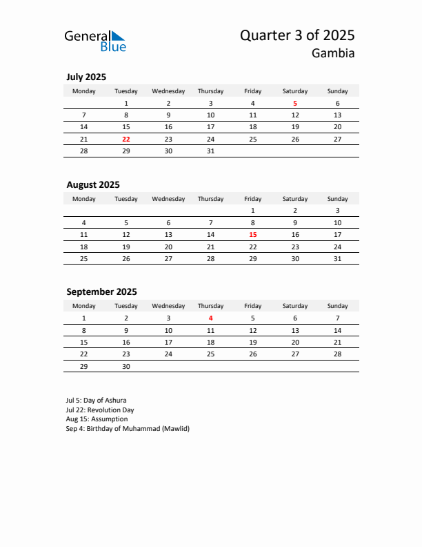 2025 Q3 Three-Month Calendar for Gambia