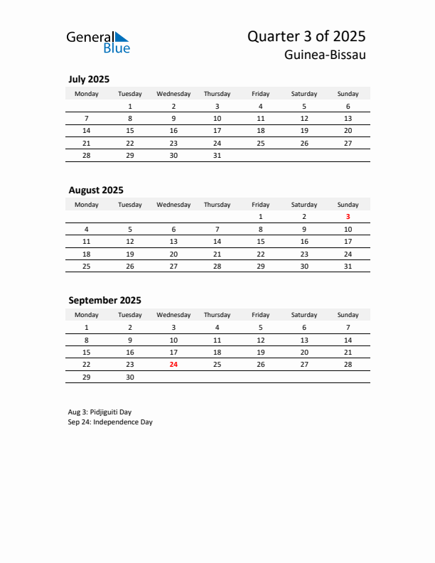 2025 Q3 Three-Month Calendar for Guinea-Bissau