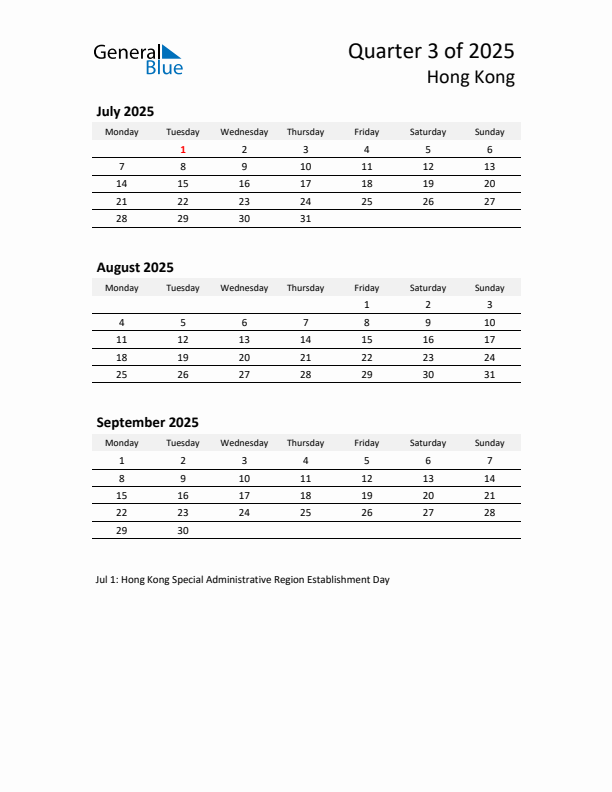 2025 Q3 Three-Month Calendar for Hong Kong