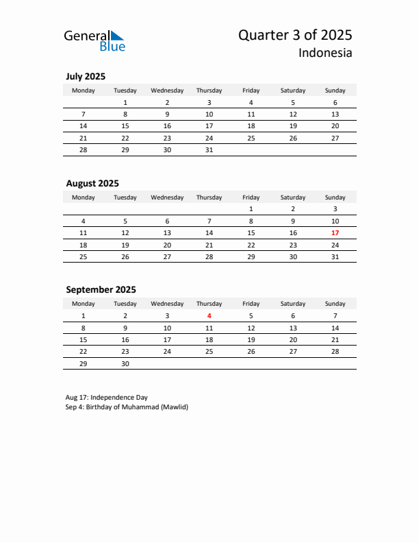 2025 Q3 Three-Month Calendar for Indonesia