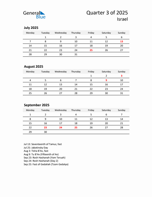 2025 Q3 Three-Month Calendar for Israel