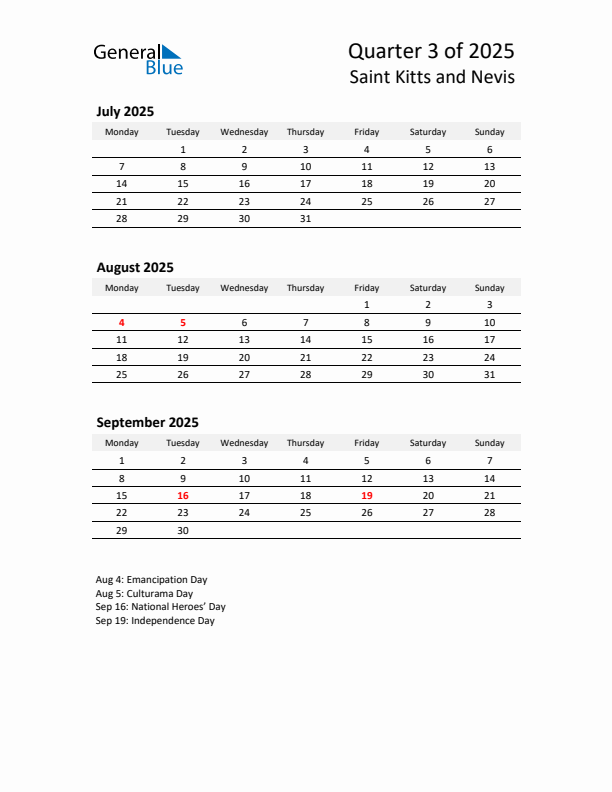2025 Q3 Three-Month Calendar for Saint Kitts and Nevis