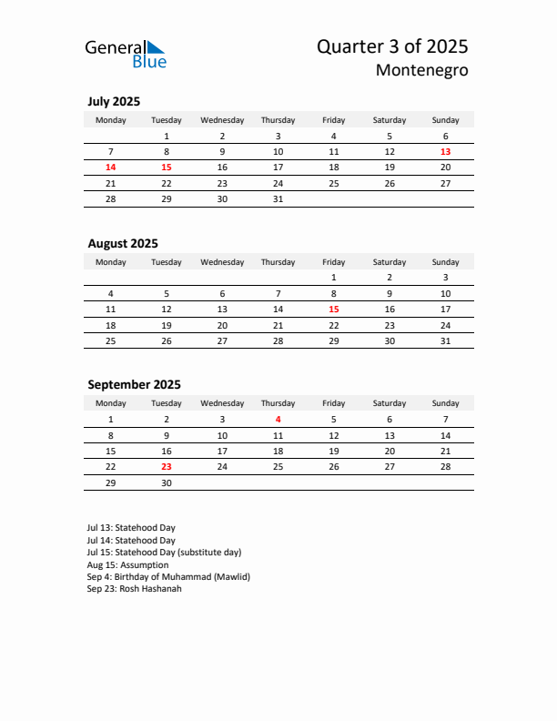 2025 Q3 Three-Month Calendar for Montenegro