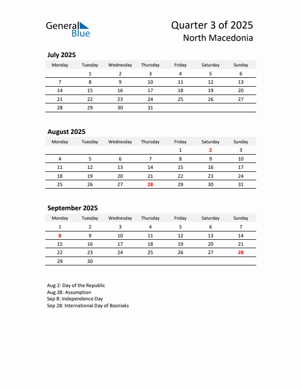 2025 Q3 Three-Month Calendar for North Macedonia