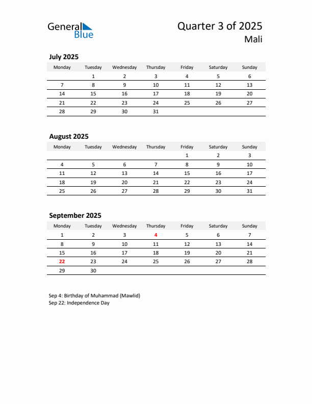 2025 Q3 Three-Month Calendar for Mali