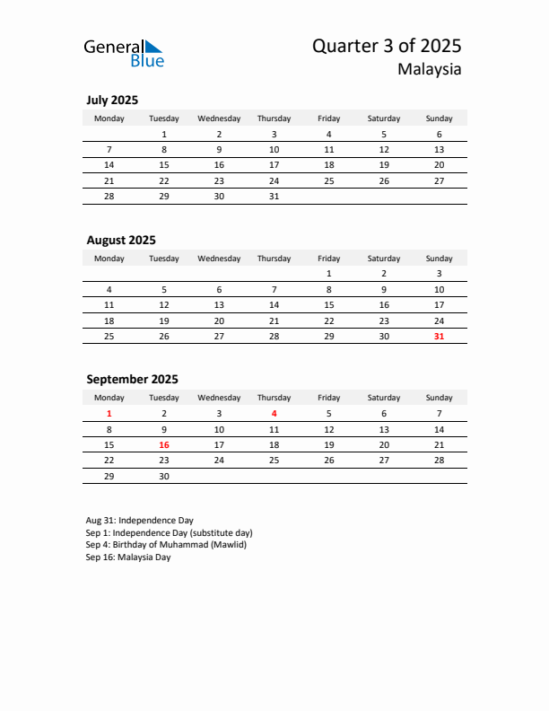 2025 Q3 Three-Month Calendar for Malaysia
