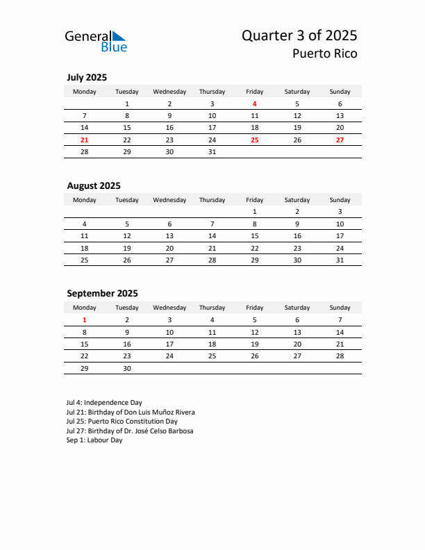 2025 Q3 Three-Month Calendar for Puerto Rico