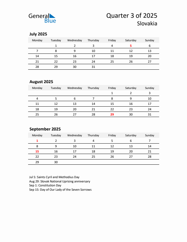 2025 Q3 Three-Month Calendar for Slovakia