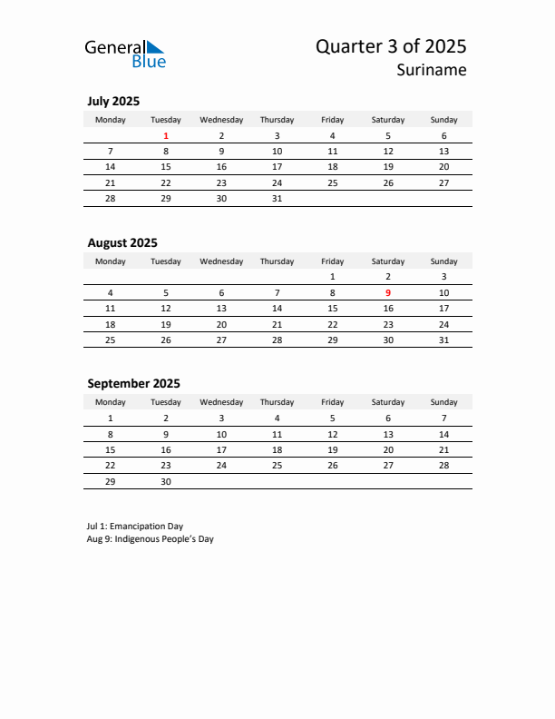 2025 Q3 Three-Month Calendar for Suriname