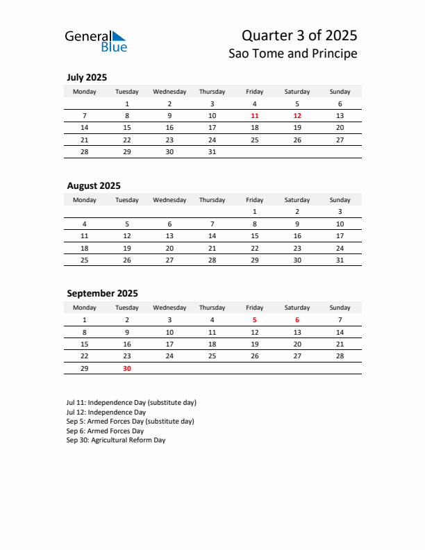 2025 Q3 Three-Month Calendar for Sao Tome and Principe