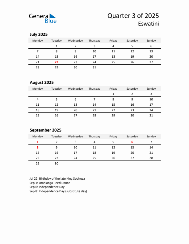 2025 Q3 Three-Month Calendar for Eswatini