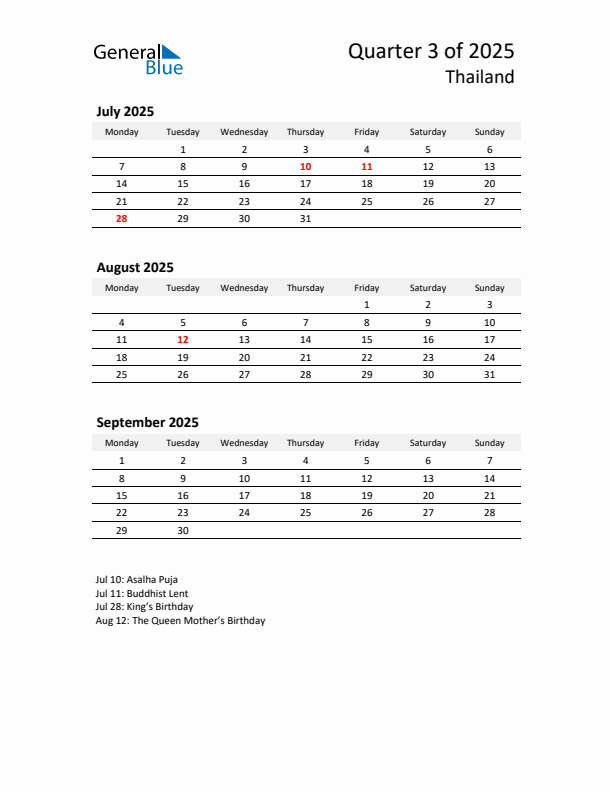 2025 Q3 Three-Month Calendar for Thailand