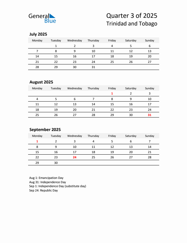 2025 Q3 Three-Month Calendar for Trinidad and Tobago