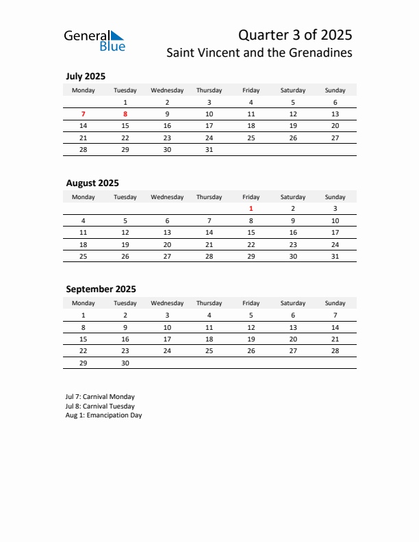2025 Q3 Three-Month Calendar for Saint Vincent and the Grenadines