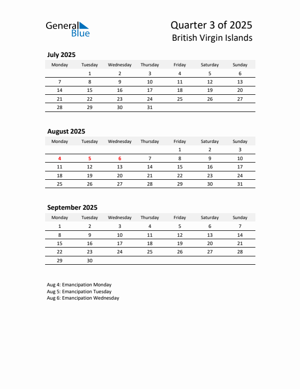 2025 Q3 Three-Month Calendar for British Virgin Islands