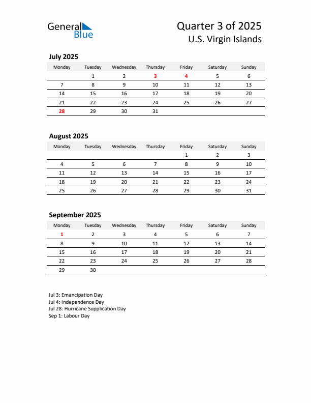 2025 Q3 Three-Month Calendar for U.S. Virgin Islands
