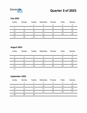 Quarter 3  2025 calendar template